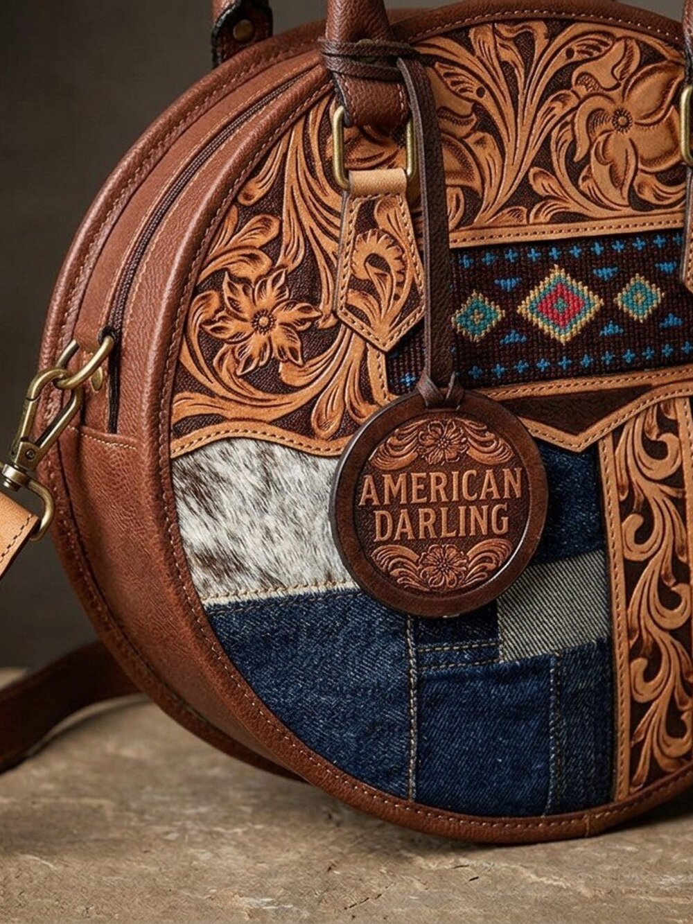 American Darling Patchwork Boho Fringe Tooled Crossbody Canteen Bag - Picture 6 of 6